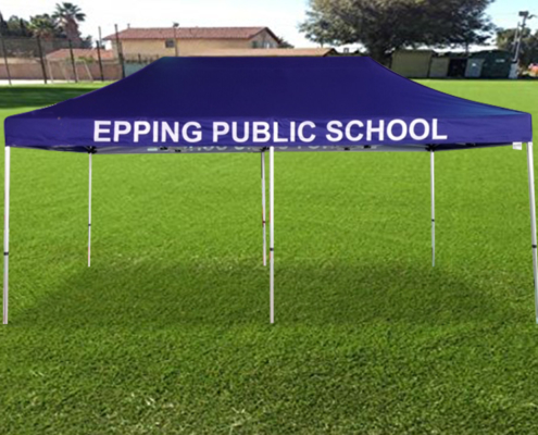 blue custom marquee with the words epping public school on it