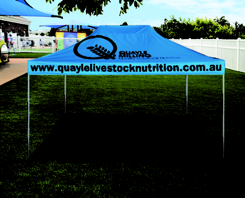 blue custom marquee sitting on top of a lush green field