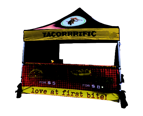 custom marquee with printing saying love at first bite