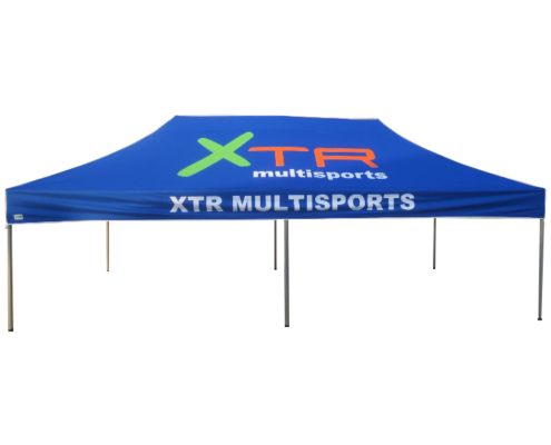 blue custom marquee with the xtr multisports logo on it